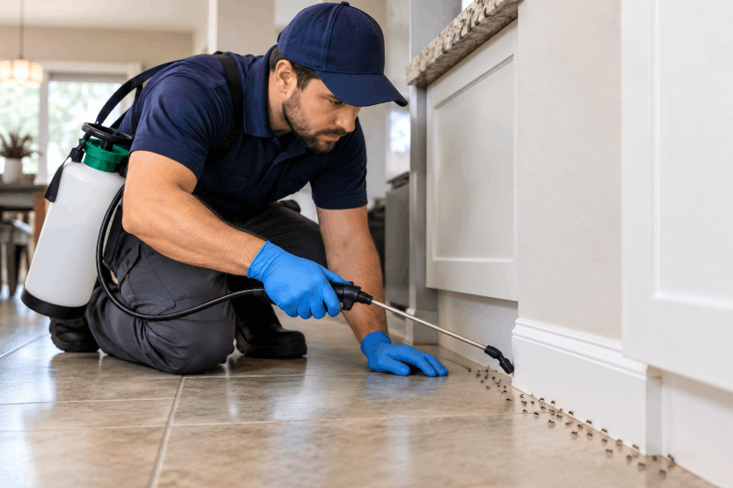 Greensboro insect control technician treating an ant trail along a kitchen baseboard