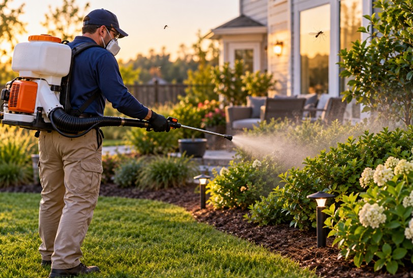 Pest control technician treating a backyard for mosquitoes