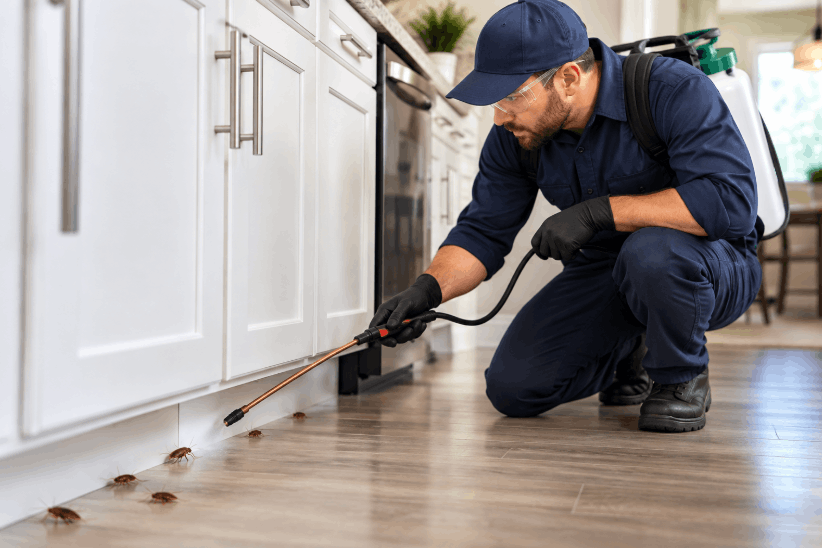 insect control technician treating cockroaches inside a home in Greensboro, NC