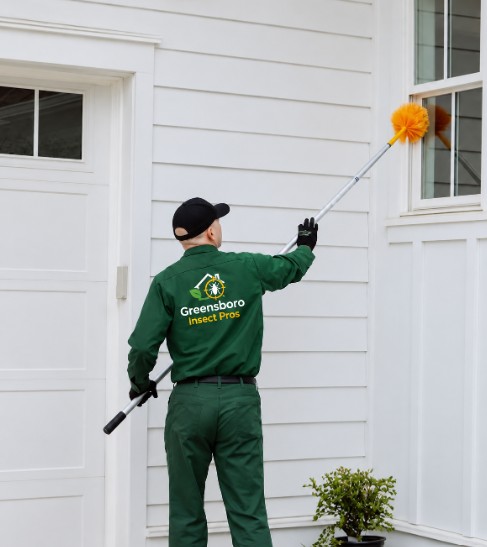 technician removing spider web outside greensboro home
