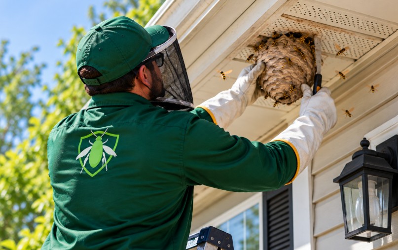 technician removing yellow jacket nest from home