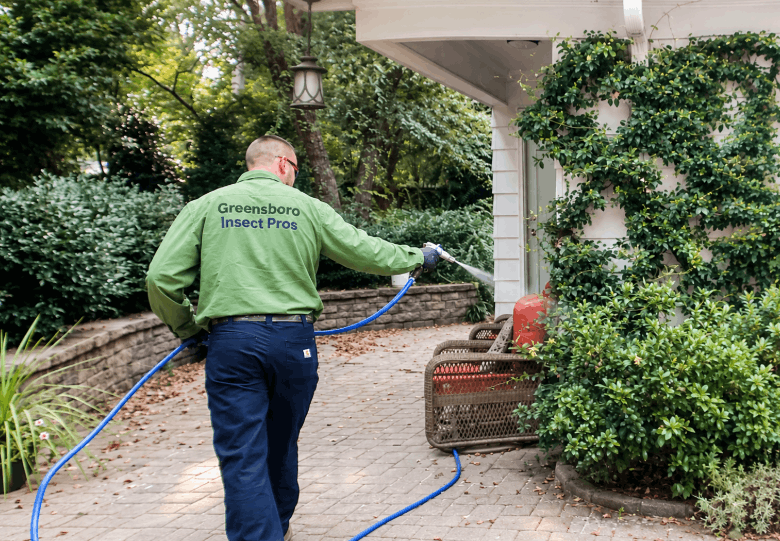 technician spraying backyard to treat home from roaches