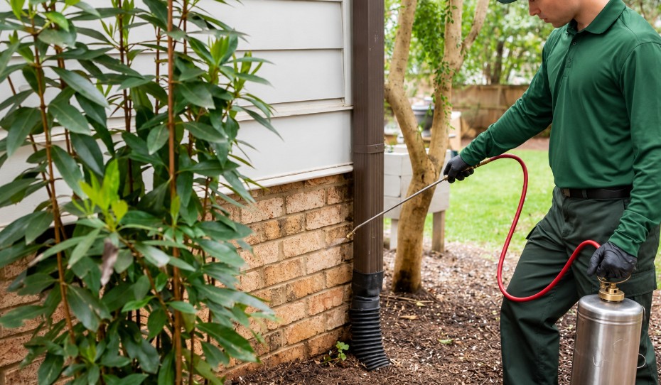 technician spraying in greensboro home backyard