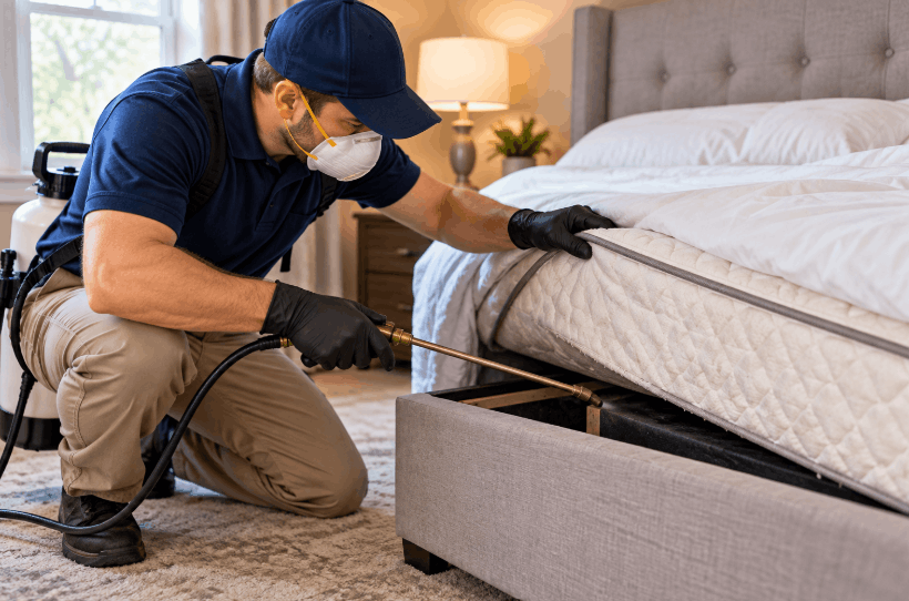 technician treating a mattress for bed bugs