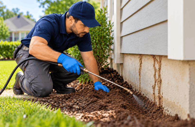 technician treating termite outside greensboro home wooden wall